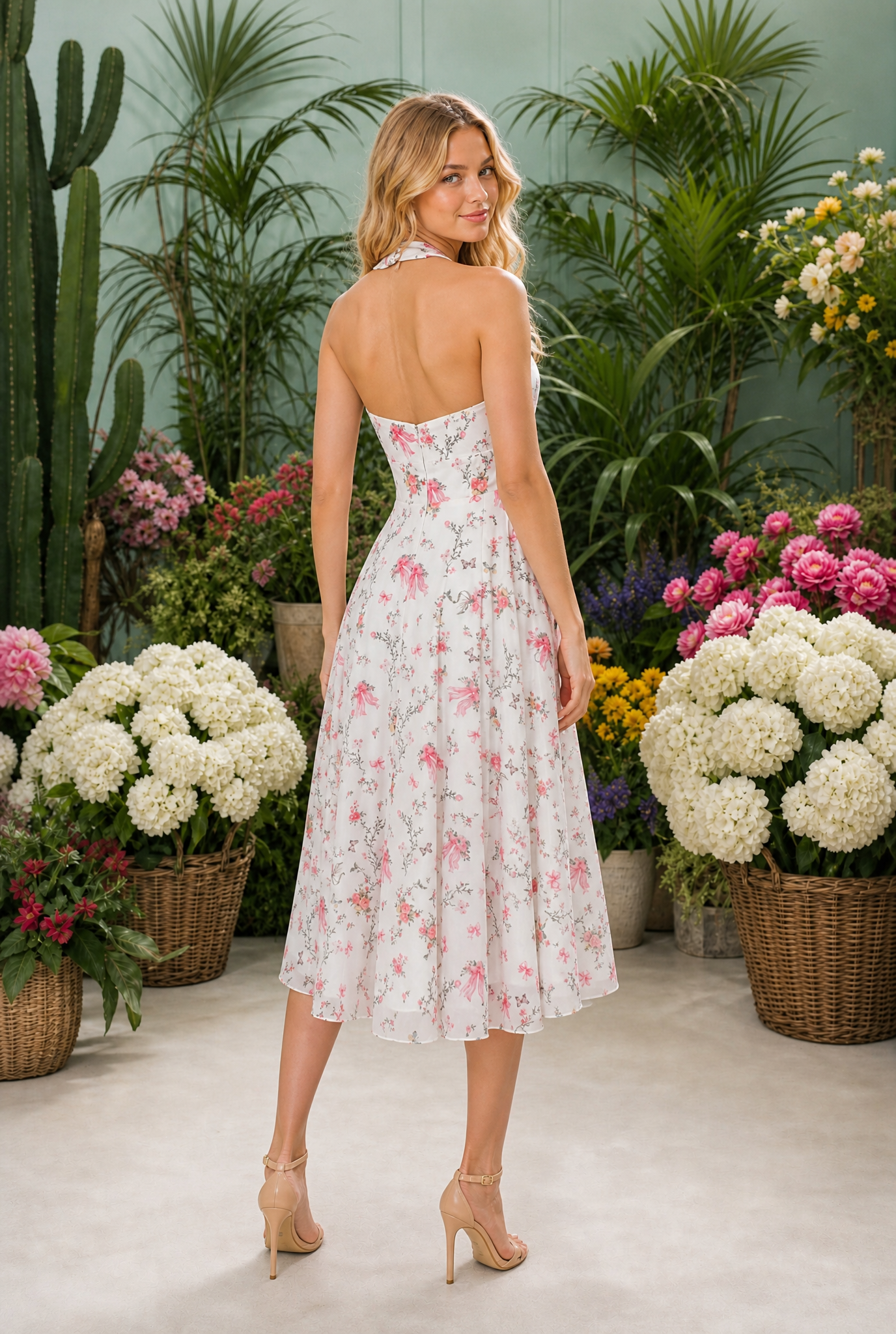 A woman in the Millie V-Neck White Midi Halter Floral Sundress stands indoors, facing away, surrounded by potted flowers and greenery, with nude heels visible beneath the flowing fabric.